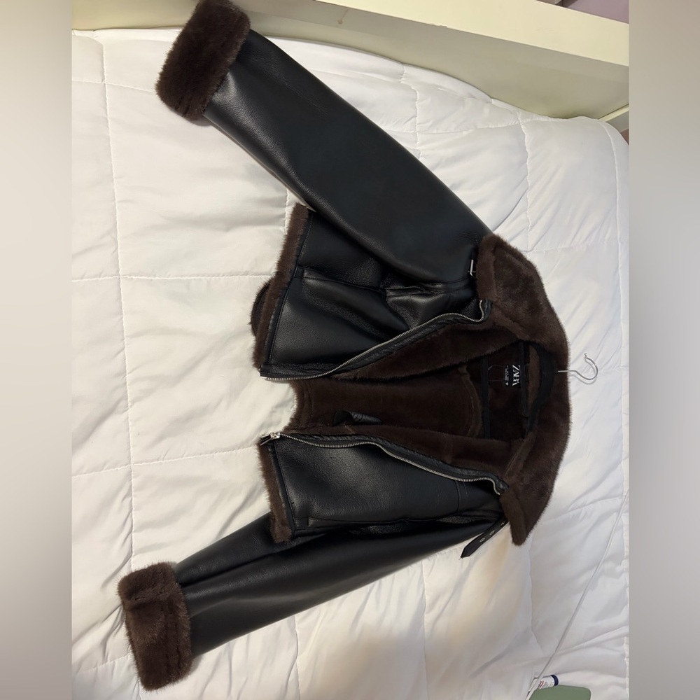 Zara Black Leather Jacket with Brown Faux-Fur Trim